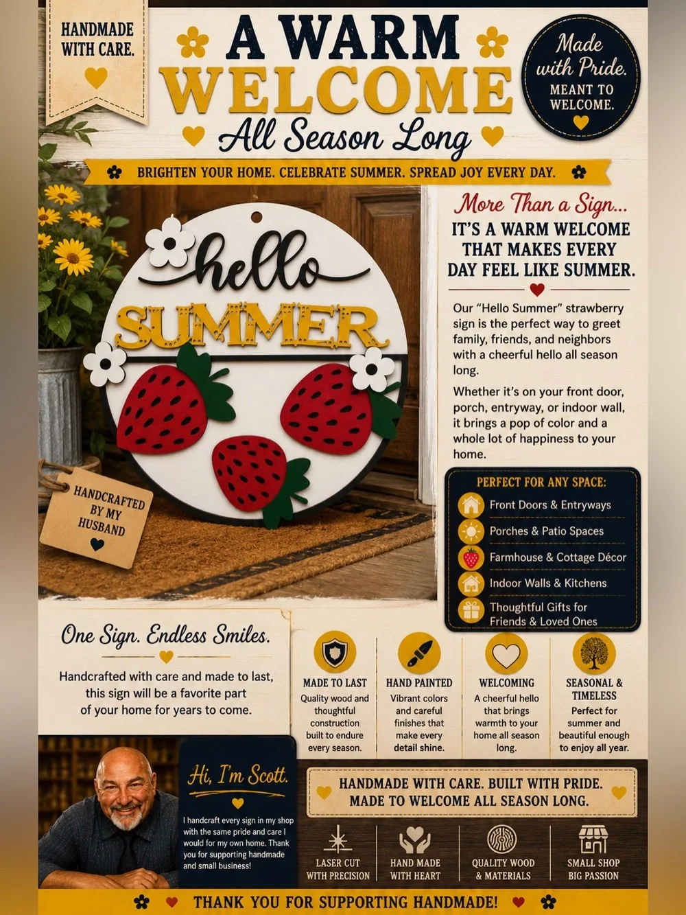 Handcrafted “Hello Summer” Strawberry Wooden Decor Sign